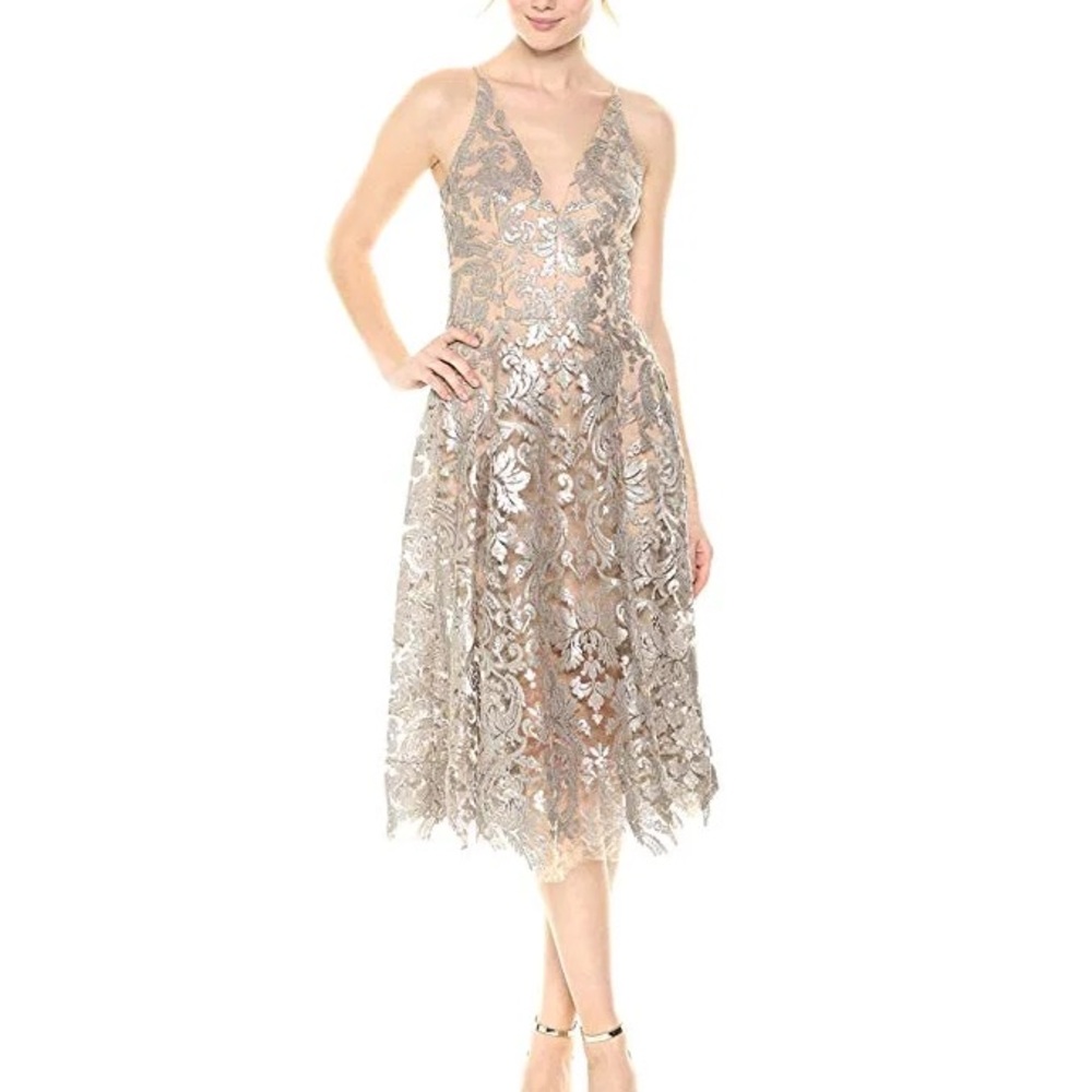 Dress the Population ‘Blair’ Metallic Lace Midi Dress NWOT